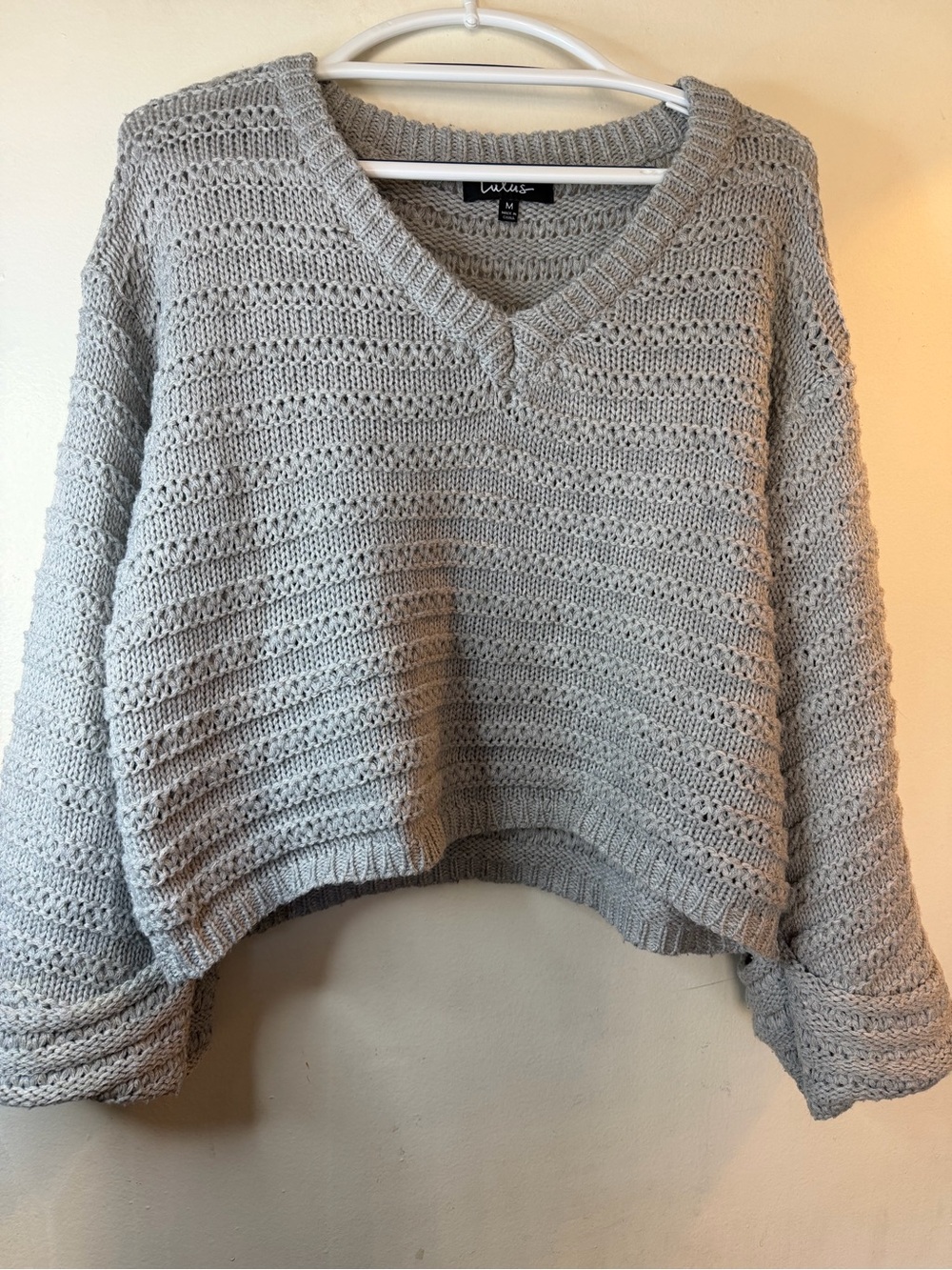 Lulus Gray Crochet Knit Balloon Sleeve Cropped Sweater Medium